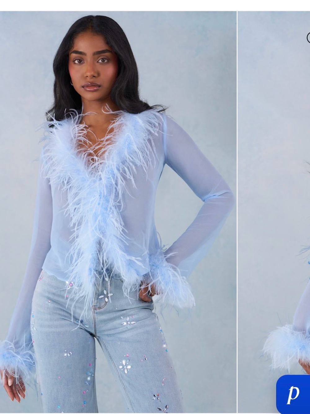 Oh Polly Light Blue Feather Trim Sheer Top